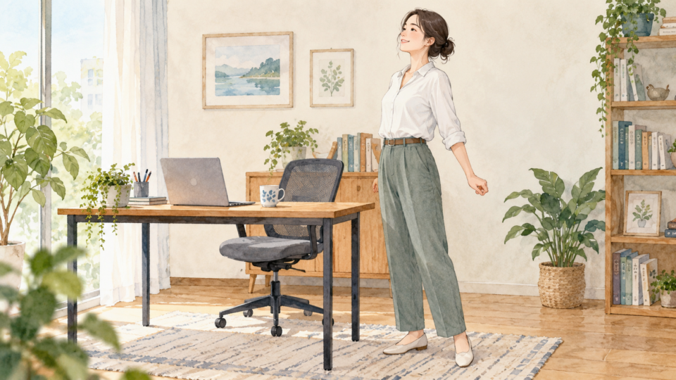 机の横で立ち上がり、座り続ける時間を区切る女性のイラスト