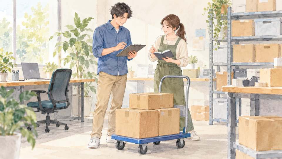 同僚と台車や作業内容を確認する二人の説明用イラスト