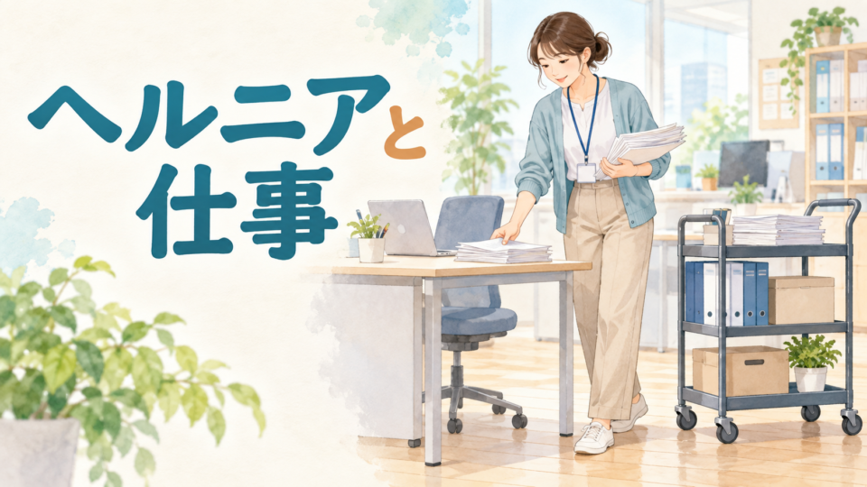 机と台車を使う職場で書類を整理する女性の説明用イラスト