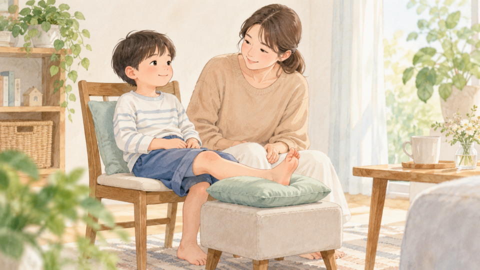 母親がそばで見守り子どもの足をクッションに載せて休ませるイラスト