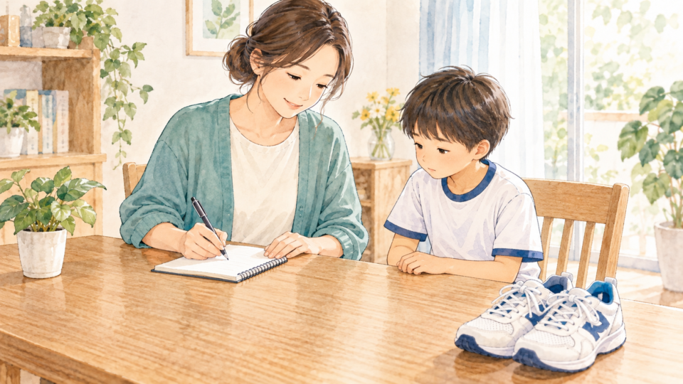 母親と子どもが学校へ伝える内容をノートにまとめるイラスト