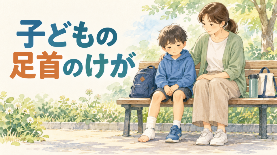 足首を痛めた子どもが母親とベンチで休んでいる説明用イラスト