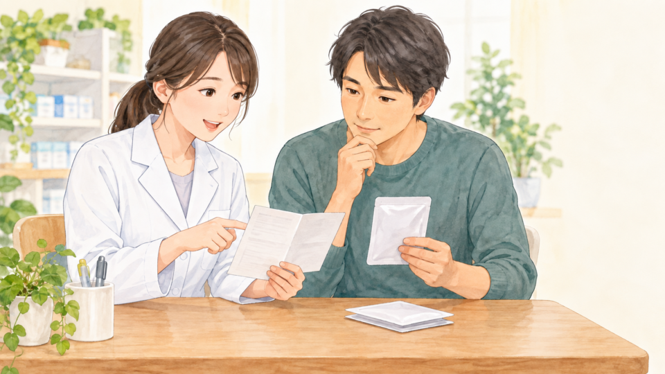 薬局で貼り薬の使い方を薬剤師に相談する説明用イラスト