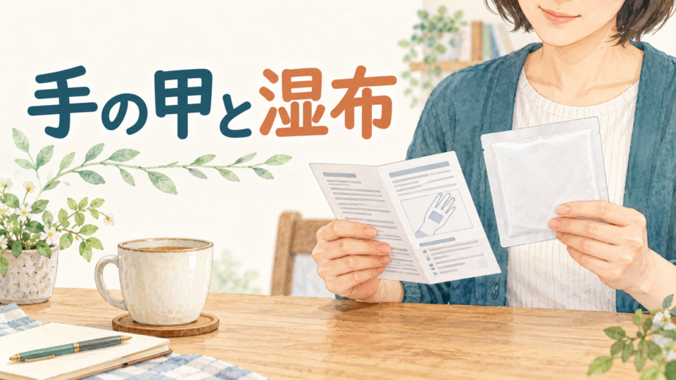 手の甲に使う貼り薬の説明書を確認する成人の手元のイラスト