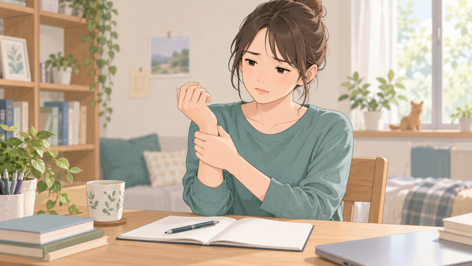 筆記をいったん止めて手首の状態を確認する説明用イラスト