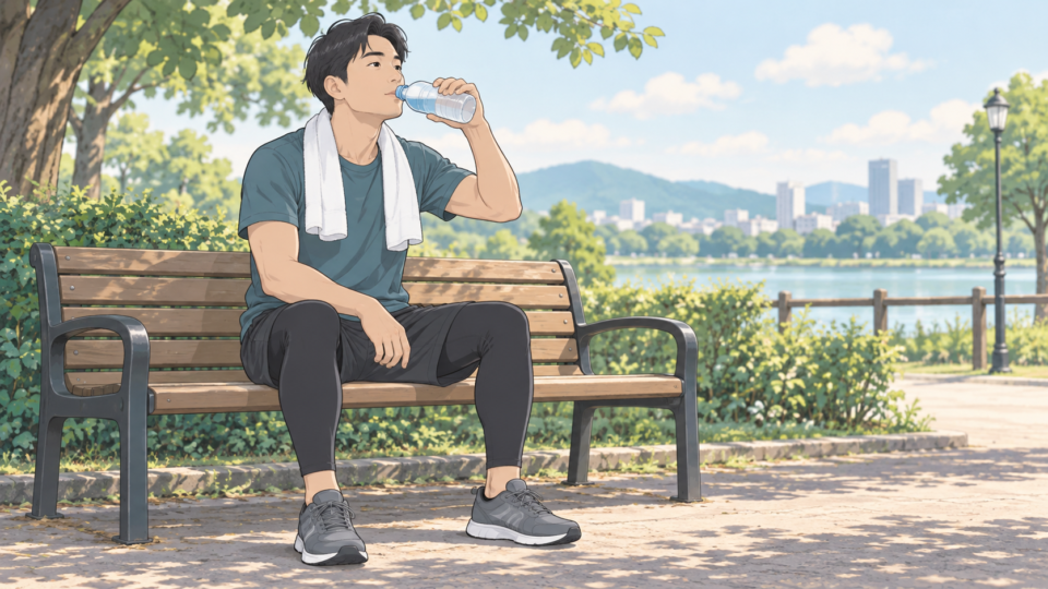 運動を中断しベンチで休みながら水を飲む成人の説明用イラスト