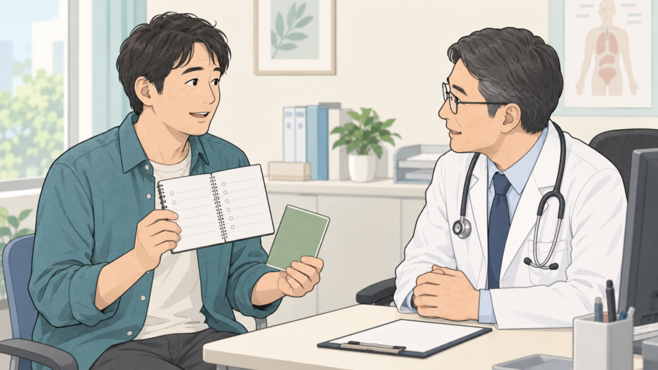 部位や時間を記録したノートと薬の情報を医師へ示す説明用イラスト