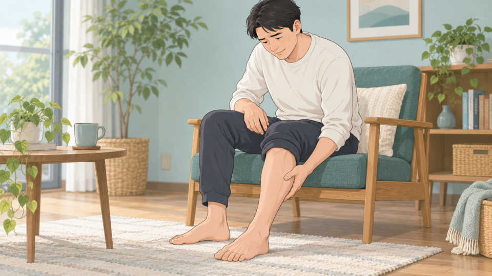 椅子に座って脚の筋けいれんが治まるのを待つ男性の説明用イラスト