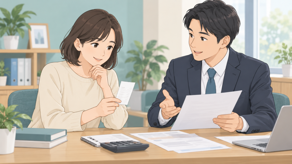 支払いの資料を持って税務の相談をする説明用イラスト