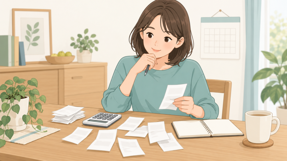 領収書と電卓を前に支払いを確認する女性の説明用イラスト