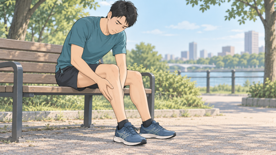 走るのを中断してすねの前側を確認する成人の説明用イラスト
