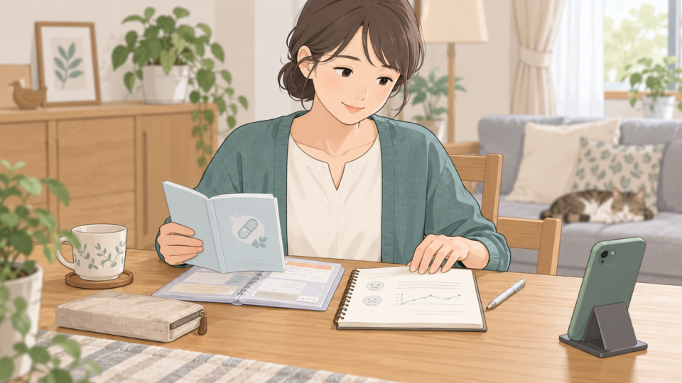 薬の情報と症状の経過をメモして電話相談する説明用イラスト