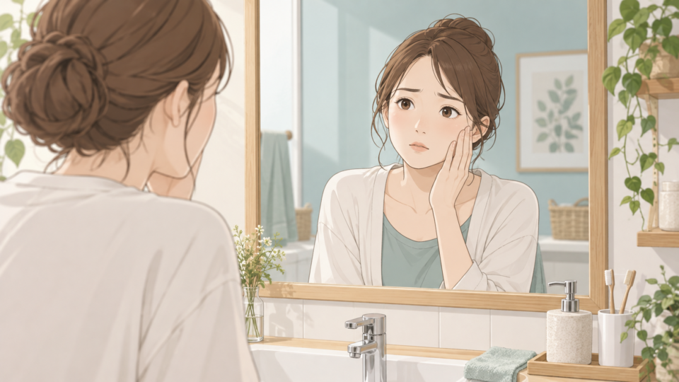 鏡の前で頬の変化を確認する女性の説明用イラスト