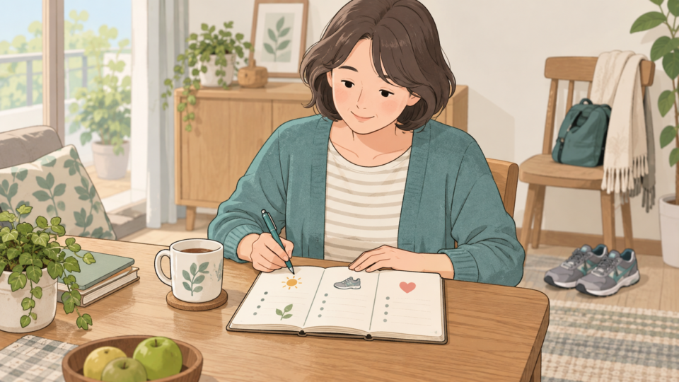 施術前後の日常動作の変化をノートに整理する説明用イラスト
