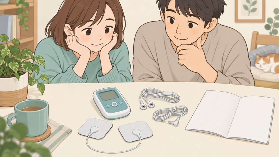 電源を切った機器とパッドを机上で確認する説明用イラスト