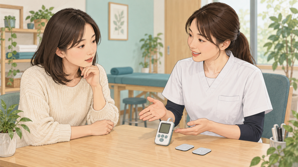 電気刺激の機器と説明書について担当者に質問する成人の説明用イラスト