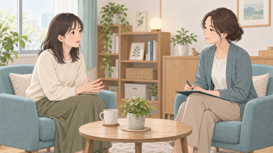 落ち着いた部屋で相談員と話す女性の説明用イラスト