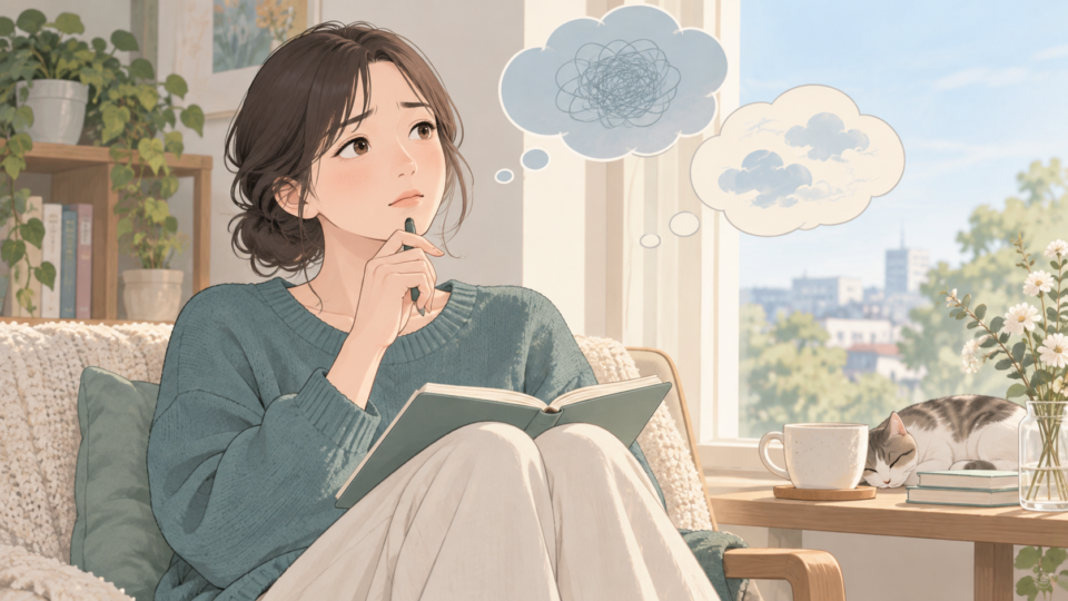 心配ごとを考えながらノートを持つ女性の説明用イラスト