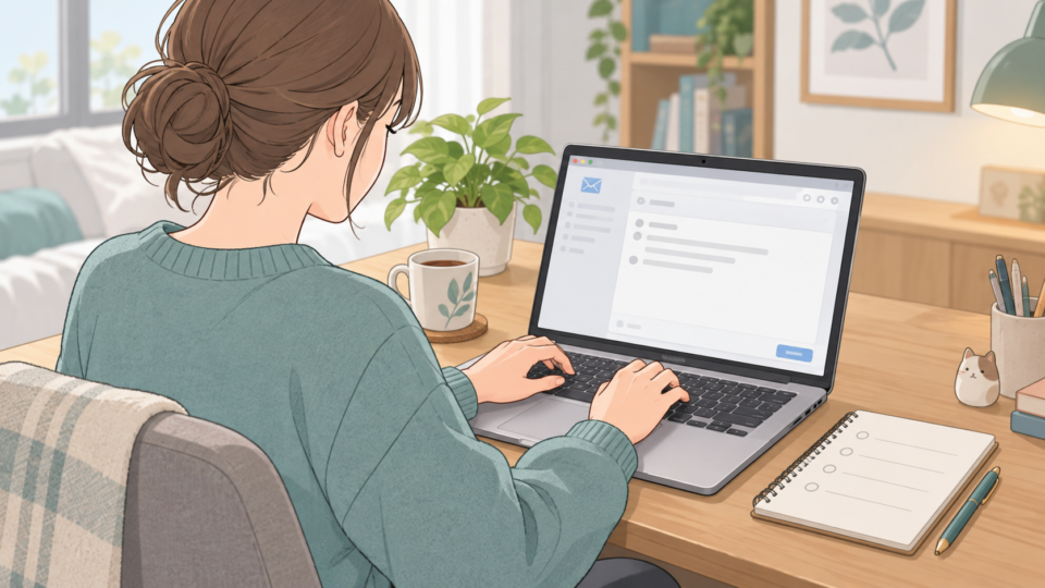 欠勤連絡の要点をノートで確認しながらメールを用意する説明用イラスト