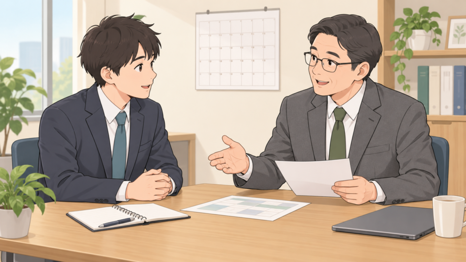 仕事内容と復帰の条件を相談する場面の説明用イラスト
