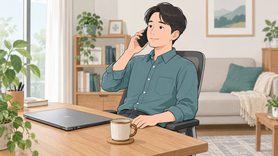 腰痛で通勤を控え、椅子から職場へ電話する男性の説明用イラスト