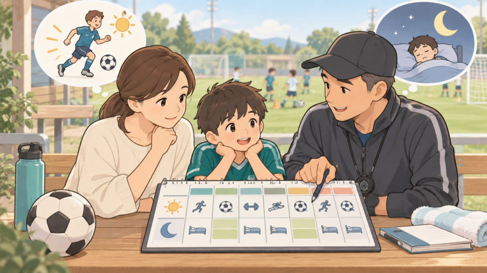 保護者と指導者が一週間の運動予定を確認する説明用イラスト