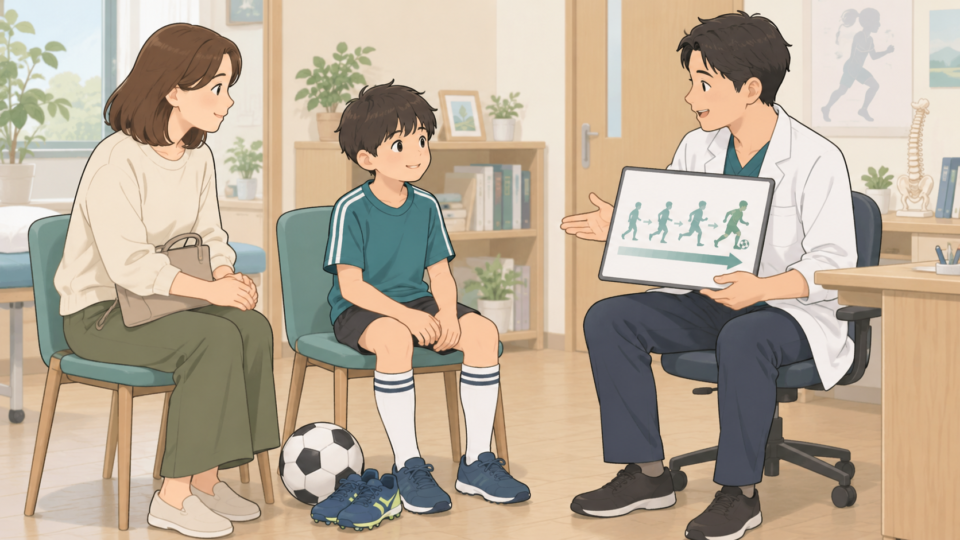 子どもと保護者が医療者へサッカー復帰を相談する説明用イラスト