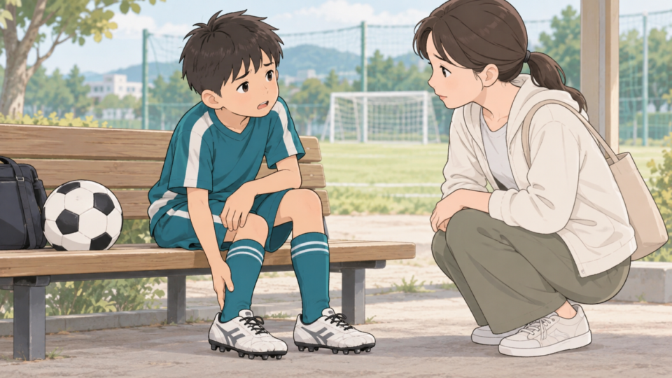 サッカー練習の合間にかかとの状態を保護者へ伝える説明用イラスト