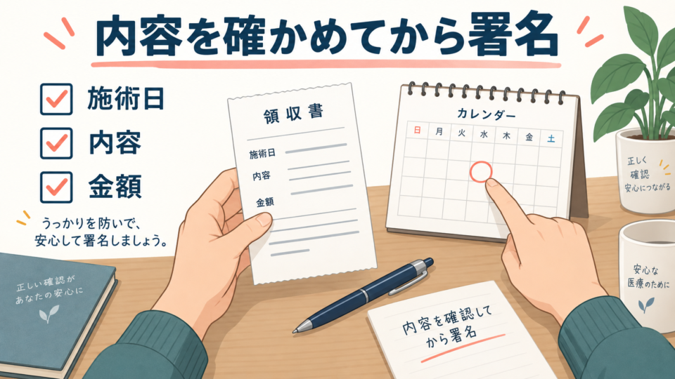 領収書とカレンダーを見比べて施術日、内容、金額を確認する手元