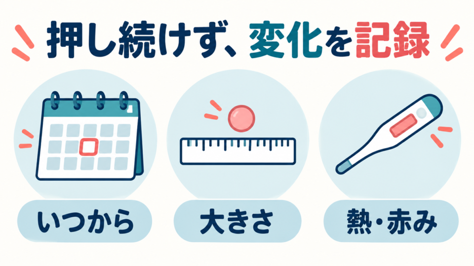 しこりを押し続けず、気づいた時期、大きさ、熱や赤みの変化を記録する説明図