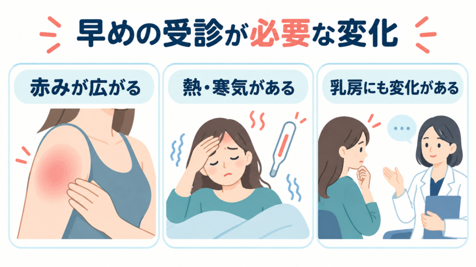 赤みの広がり、発熱や寒気、乳房の変化がある場合の受診を促す説明図