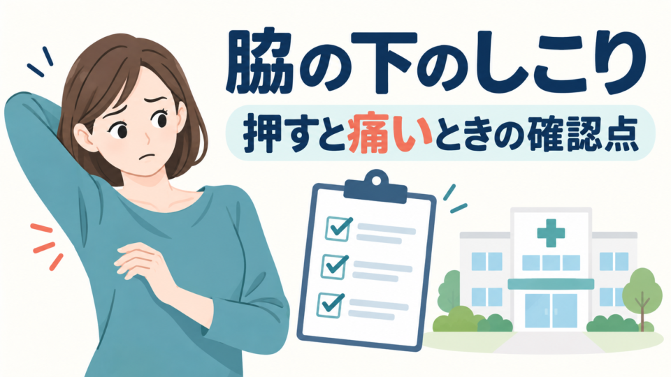 脇のしこりの違和感に気づいた人と、受診時の確認事項を表すイラスト