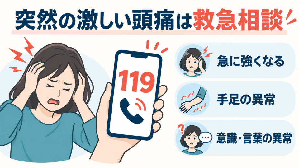 突然の激しい頭痛、手足や意識や言葉の異常がある場合に119番を案内する説明図