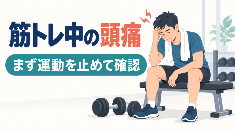 頭痛が出たため筋トレを止め、ベンチに座って休む人のイラスト
