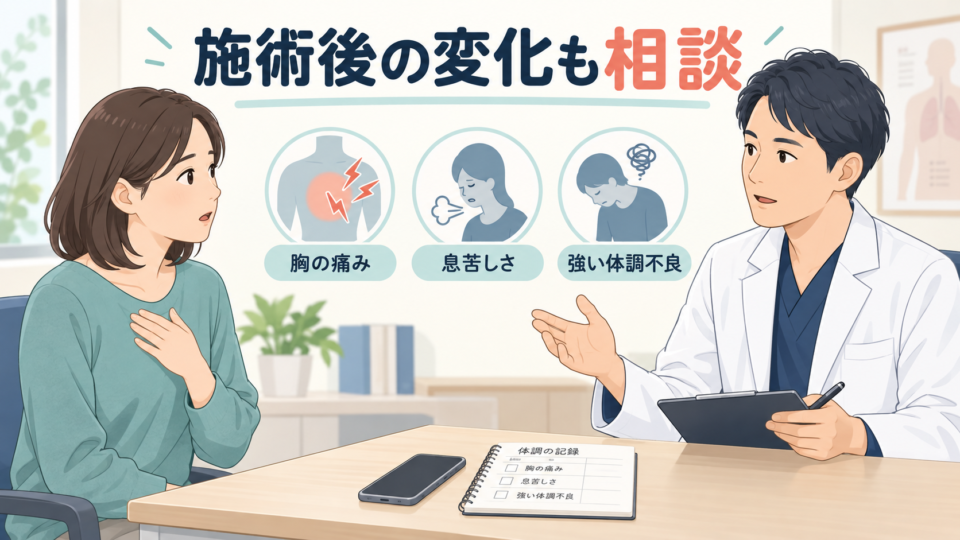 施術後の胸の痛み、息苦しさ、強い体調不良を医療者へ相談する図
