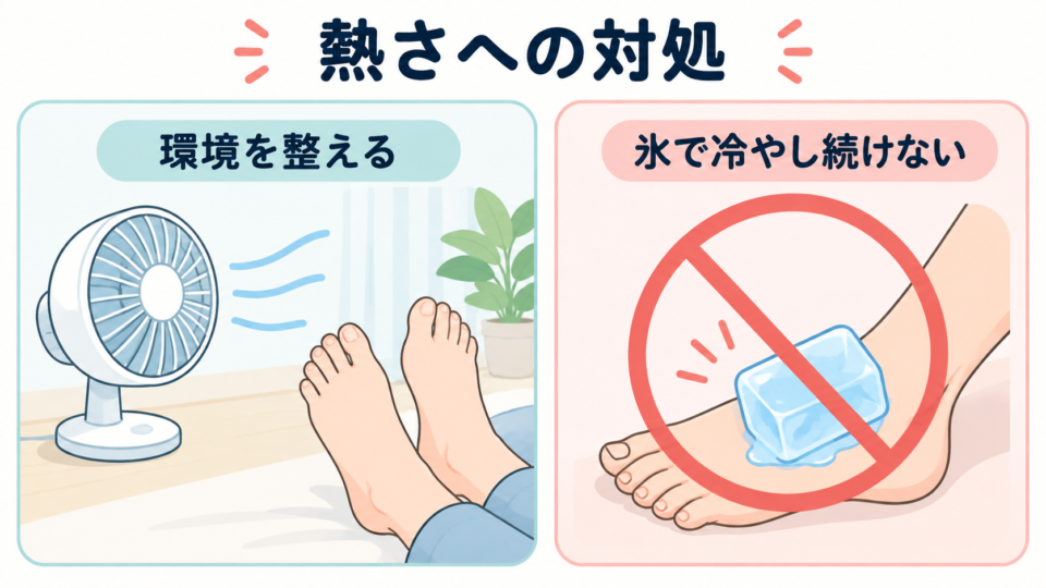 環境を整える扇風機と、氷で足を冷やし続けない注意を比較した図