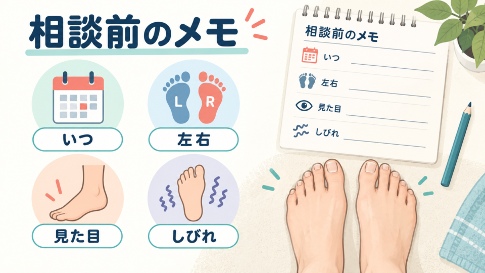 足の症状を、いつ、左右、見た目、しびれの四つで記録する図