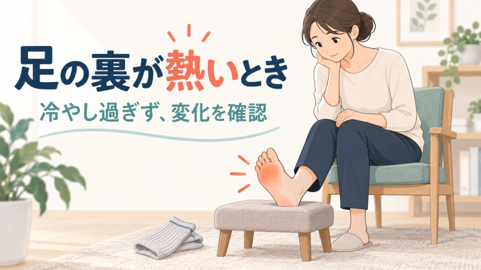椅子に座って足裏の熱さと見た目を確認する成人のイラスト