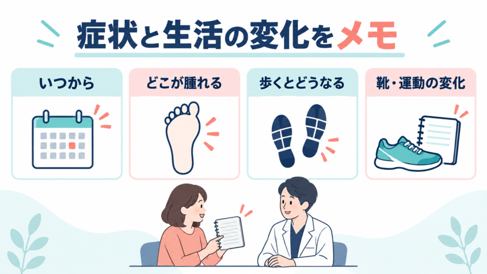 腫れの時期と場所、歩行時の痛み、靴や運動の変化を記録する項目