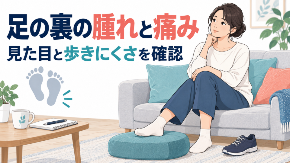 足を支えて座る女性と足裏の腫れや歩きにくさの確認を示す説明用イラスト