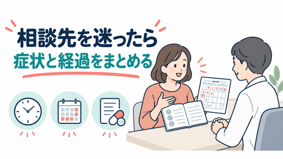症状の経過を記録したカレンダーとノートを医師に見せる相談のイラスト