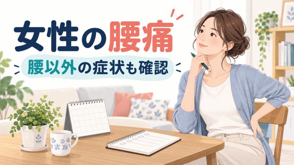 腰に手を添えた女性がカレンダーとメモで体調を振り返る説明用イラスト