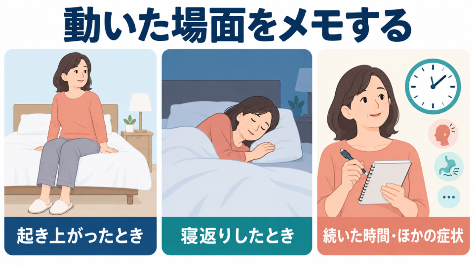 起き上がり、寝返り、続いた時間やほかの症状を記録する場面