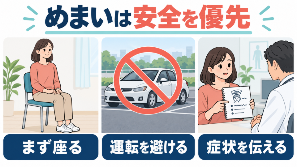 めまいがあるときに座る、運転を避ける、症状を伝える安全行動