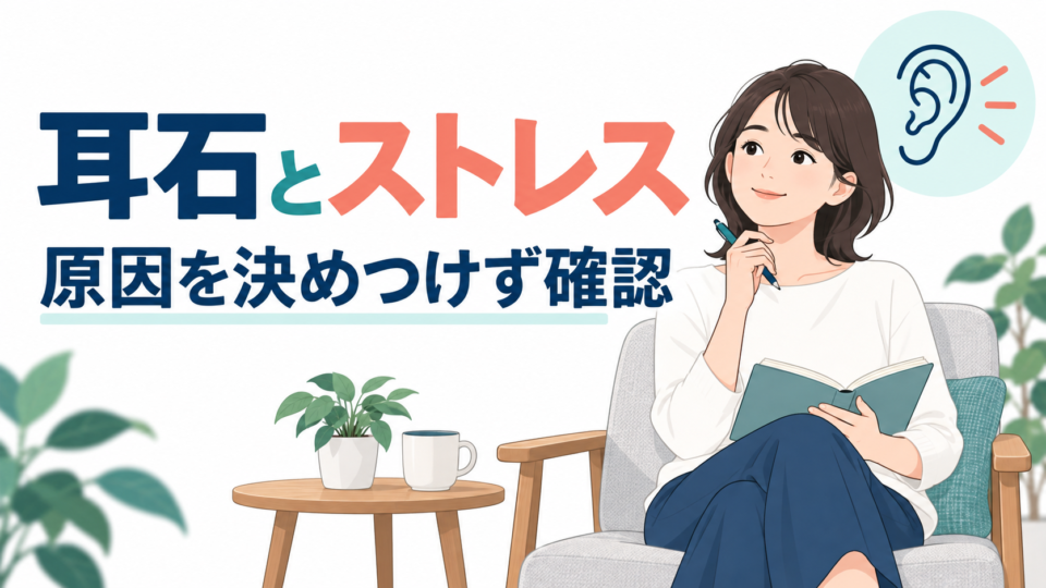 耳石とストレスの関係を決めつけず、症状を振り返る女性の説明用イラスト