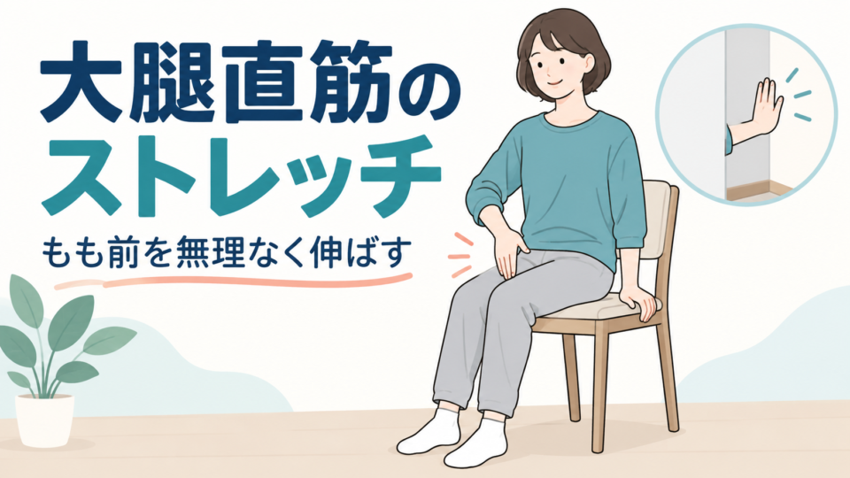 太ももの前を示す女性と壁の支えを描いた大腿直筋ストレッチの説明用イラスト