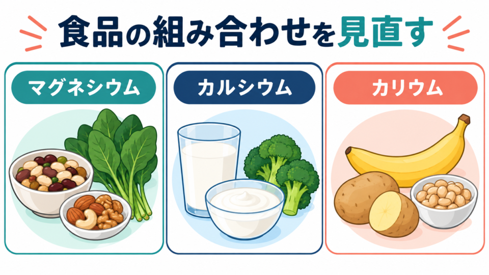 マグネシウム、カルシウム、カリウムを含む食品の組み合わせの例