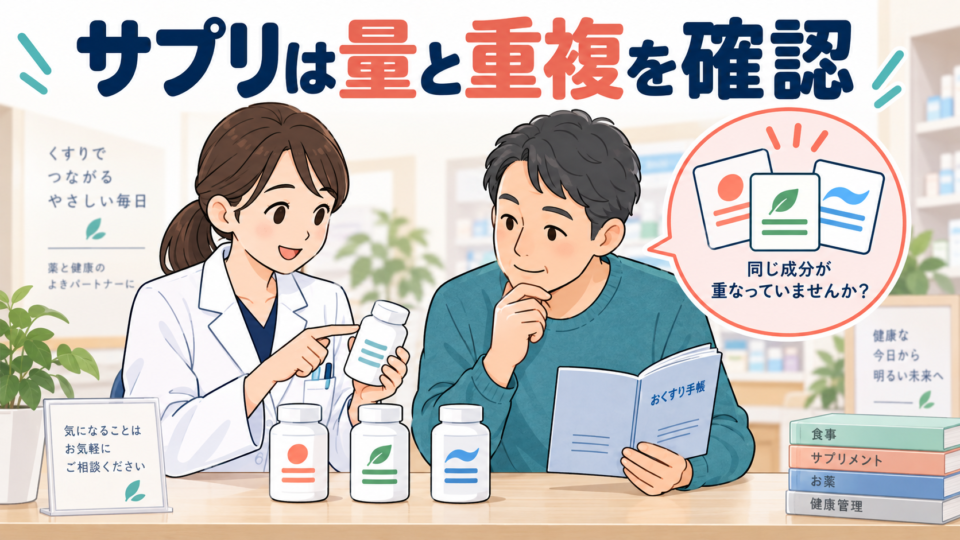 サプリメントの量と成分の重複を薬剤師に相談する説明用イラスト