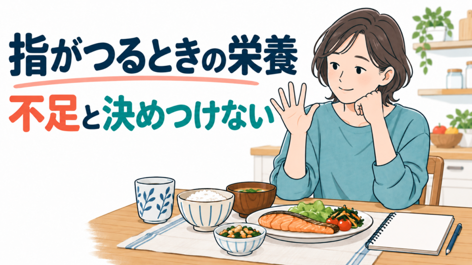食事を前に手の指を確認する女性と栄養不足と決めつけないことを示したイラスト
