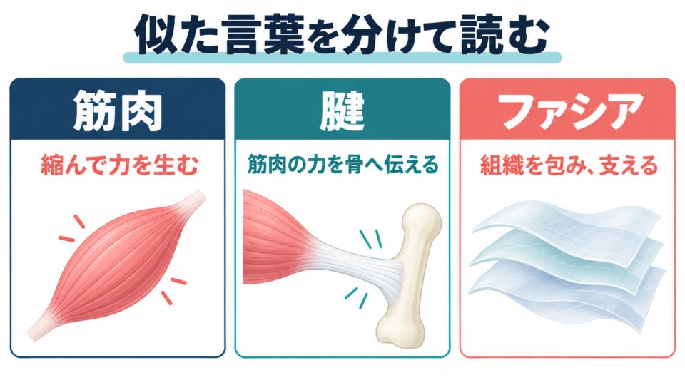 筋肉は力を生み、腱は力を骨へ伝え、ファシアは組織を包み支えることを示す模式図